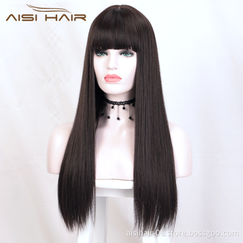 Aisi Hair Top Quality 24 Inch Long Silky Straight Black Lace Wig With Bangs Cheap Synthetic Hair Lace Front Wigs For Women
